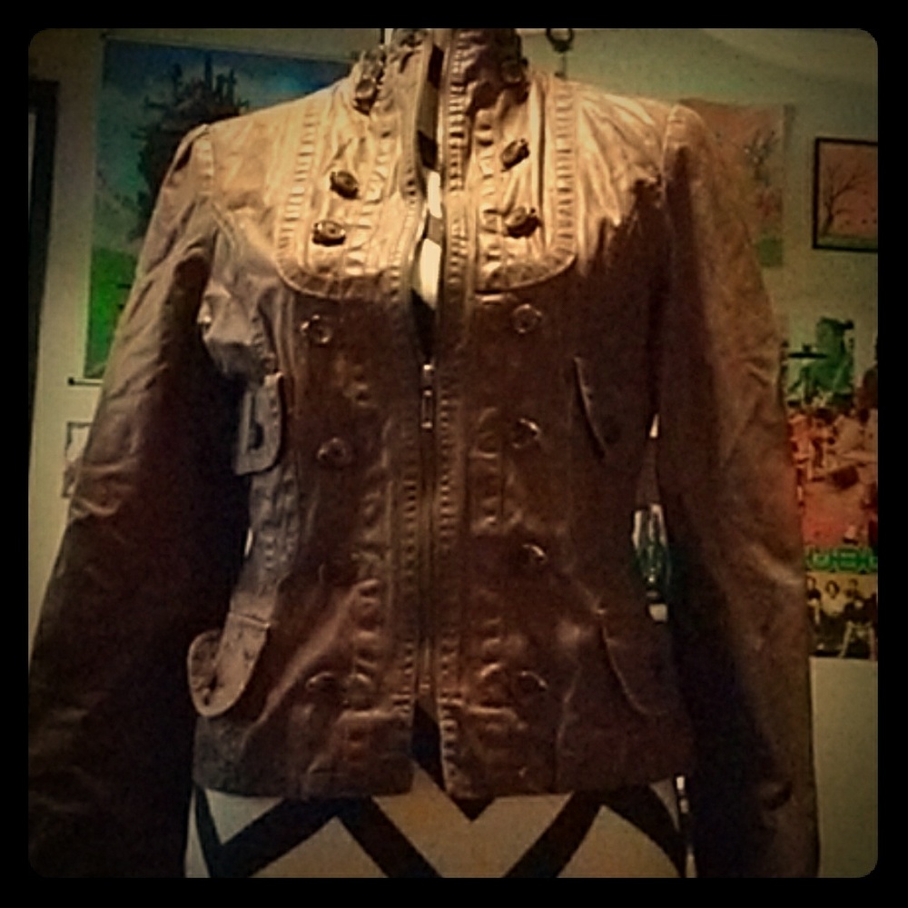 Brown Faux Leather Jacket with Buttons and Pockets